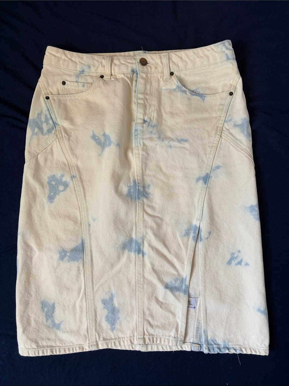 White Denim Midi Skirt with Light Blue Tie-Dye